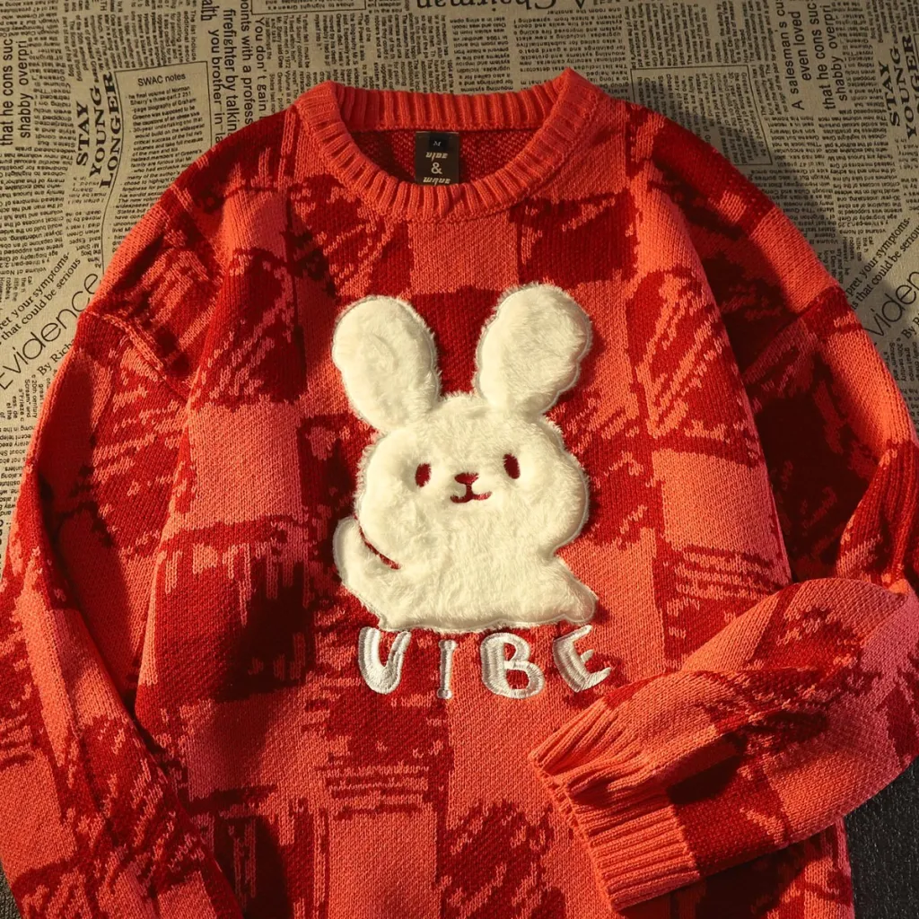 Vintage Rabbit Sweater For Women Loose And Idle - Red