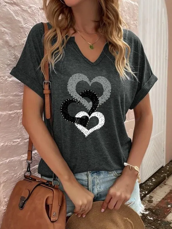 Women's Loose Short sleeved T shirt With Heart Printing Missing Neckline Black - Shop at LoveMi