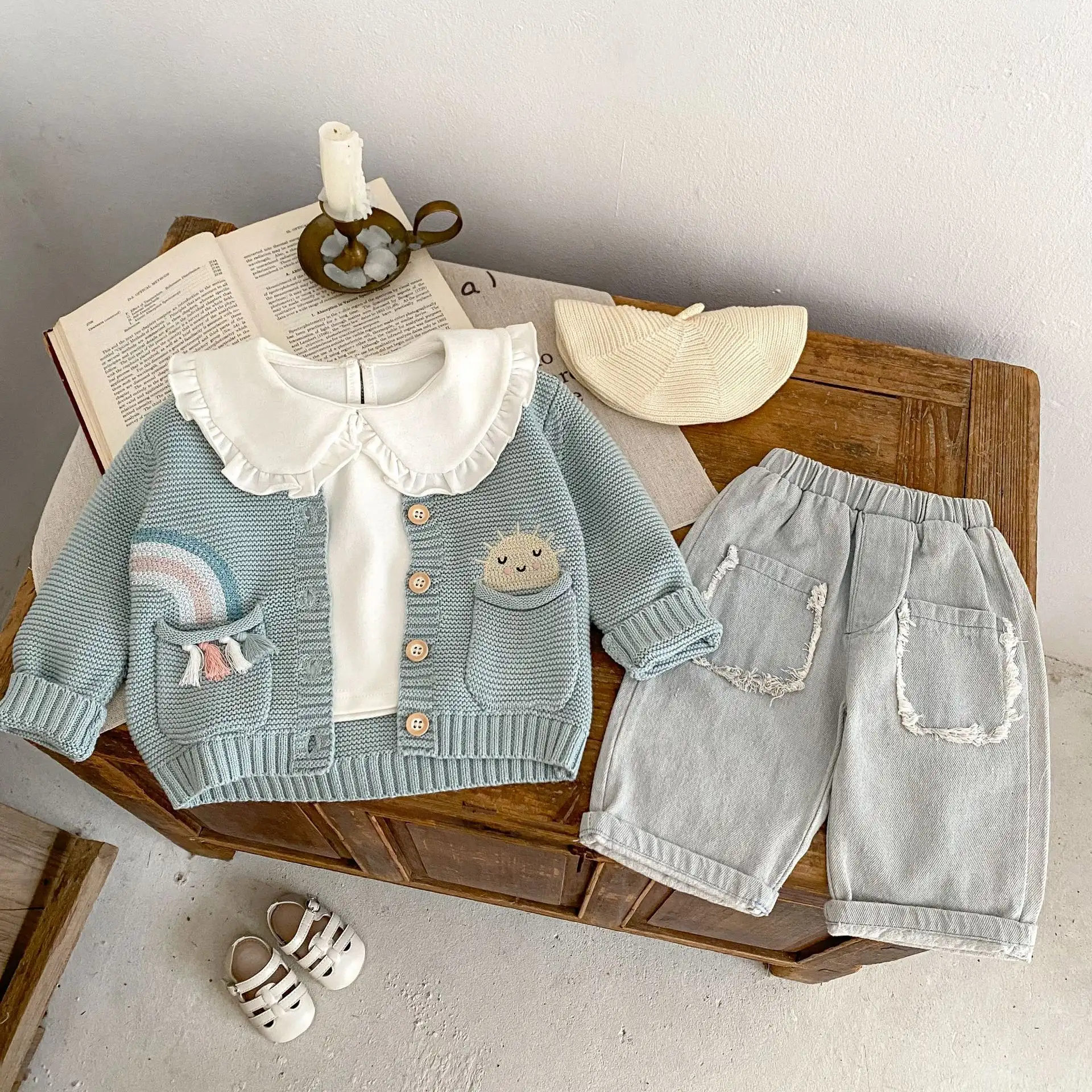 Infant Children's Rainbow Embroidered Pattern Round Neck Cardigan Coat Cotton Yarn Knitted Cute Double Pocket