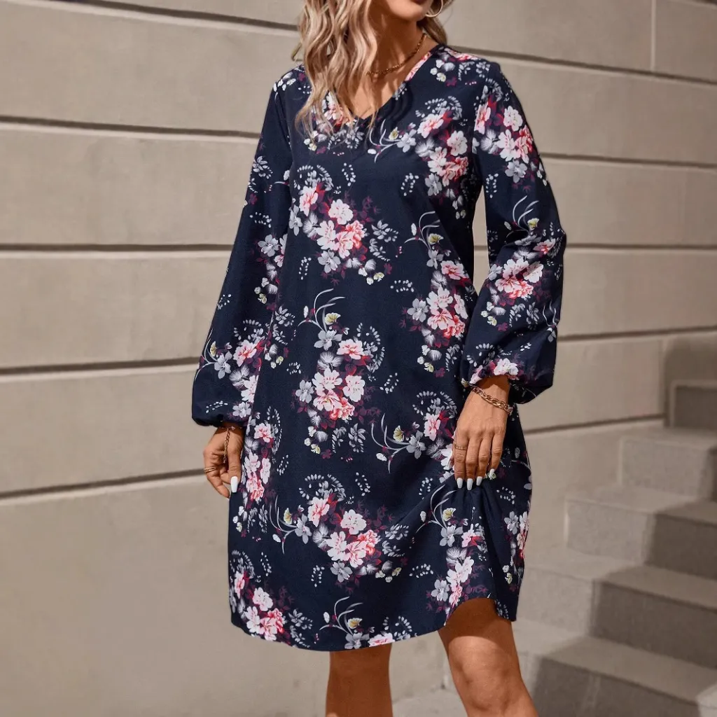 European And American Retro Printed Fashionable Elegant Floral Printed Lantern Sleeve Dress - Blue
