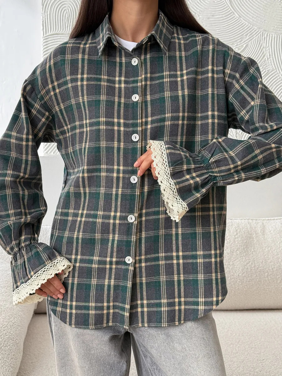 Womens Retro Loose-Fit Plaid Shirt