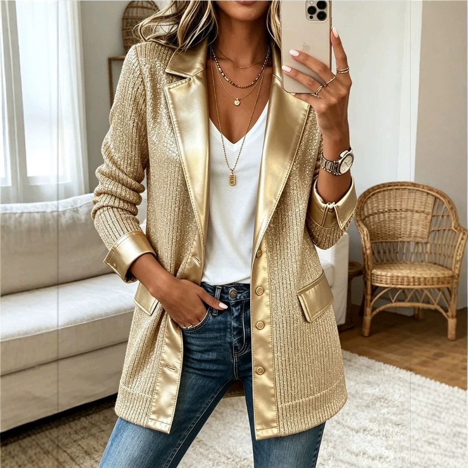 Women's Gold-foil Embroidered Knitted Sequin Blazer