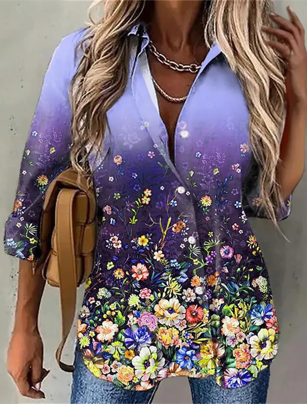 New Solid Color Flower Branch Classical Elegant Printing 3D Digital Loose Cardigan Women's Long-sleeved Blouse - B25Sltha240216Z-3Xl