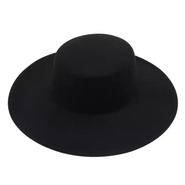 Flat Top Woolen Hat Big Brim Fedora Hat Hepburn Style Black - Shop at LoveMi