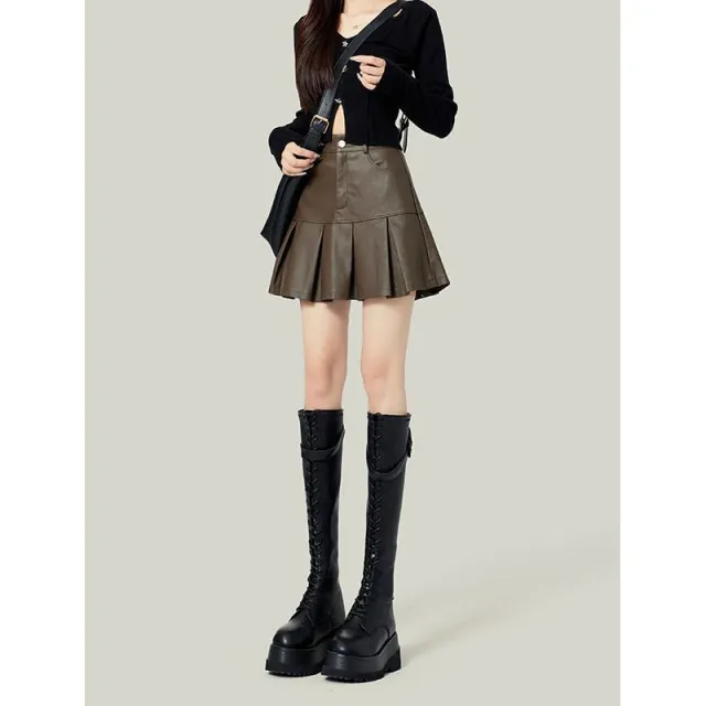 Vintage Skirt Female Leather Skirt Autumn Brown - Shop at LoveMi