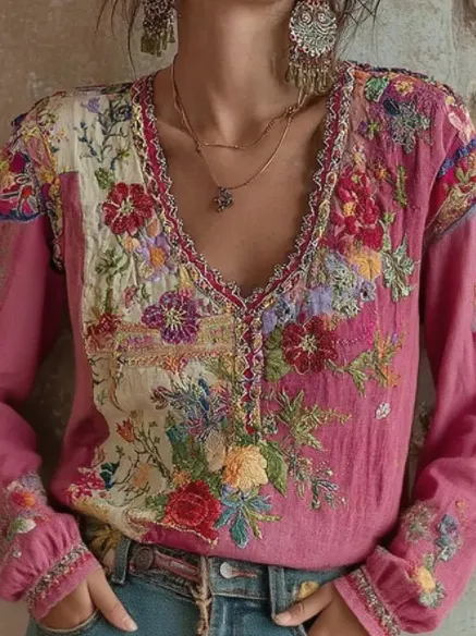 Artistic Printed Crew Neck Long sleeve Blended Fabric T shirt Blouse With Ethnic Style Rose Red - Shop at LoveMi