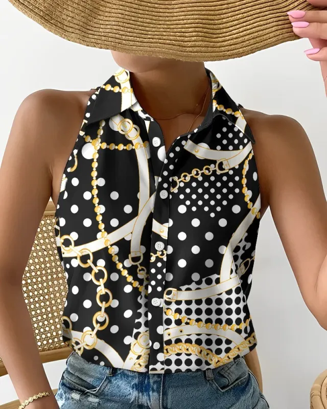 Summer Casual Fashion Shoulder baring Sleeveless Abstract Printing Women's Shirt Black - Shop at LoveMi