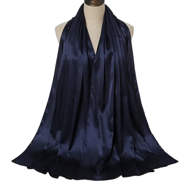 Pure Color Pearl Satin Fashion Monochrome Scarf 7 Navy Blue - Shop at LoveMi