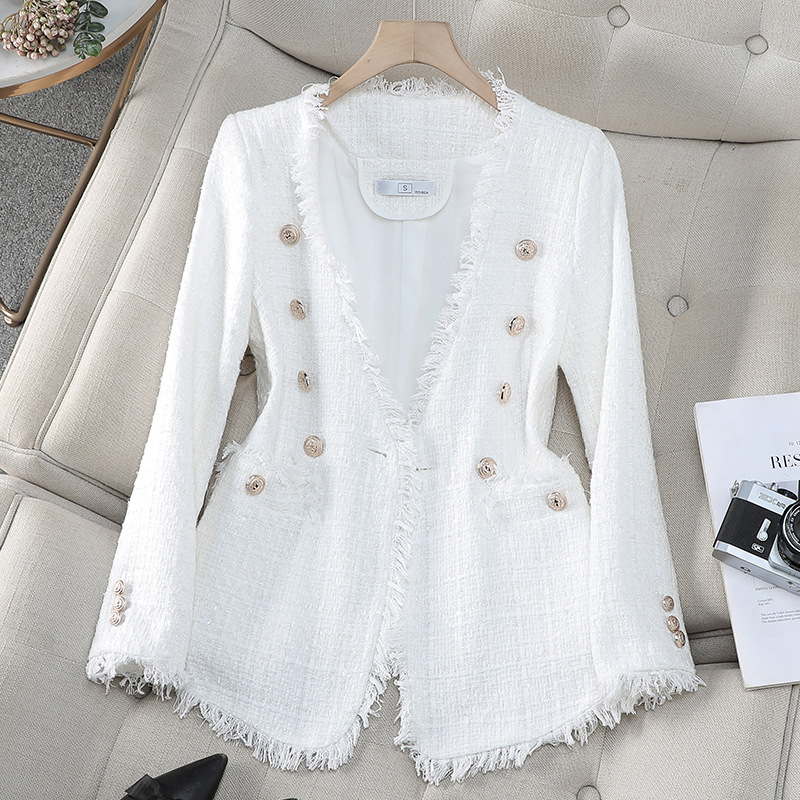 French Socialite Elegant V-neck Double-breasted Tweed Top