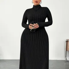 European And American Adult Lady Like Woman Plus Size Dress Autumn And Winter Simplicity Turtleneck - Black - View 1