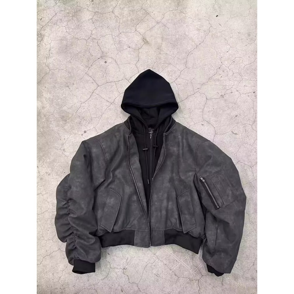 Mens Faux Two-piece Leather Jacket Cotton-padded Flight Jacket