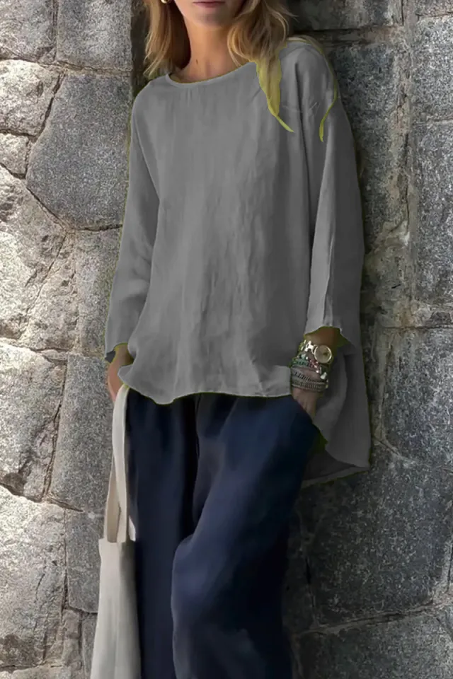 Women's Loose Linen Cotton Round Neck Long Sleeve Shirt Gray - Shop at LoveMi