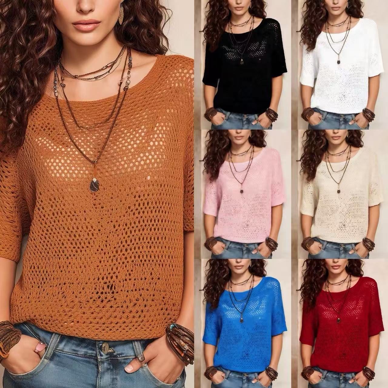 Womens Short-sleeve Knitted Openwork Beach Tunic