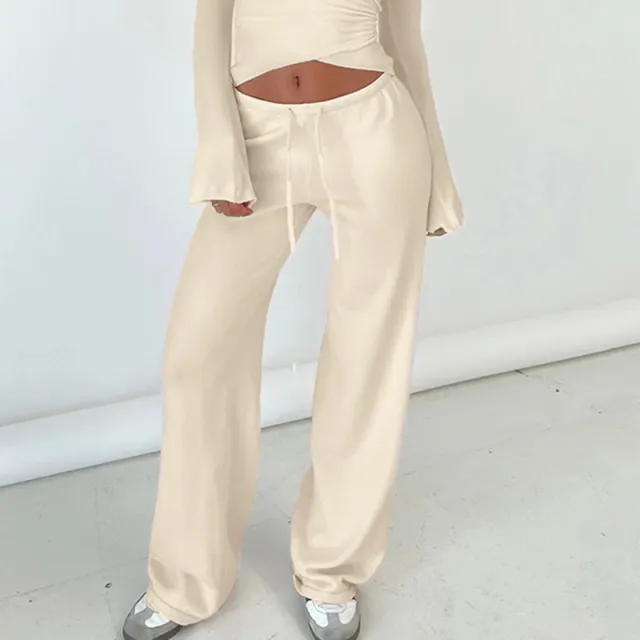 Casual Lace Up Bell Sleeve Top Velvet Padded Loose Trousers Pajamas Two piece Set Yellow - Shop at LoveMi