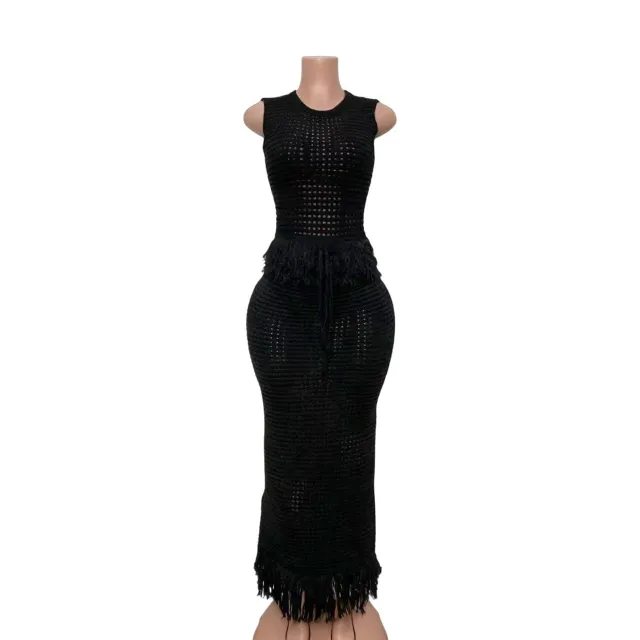 Hollow out Fringe Sleeveless High neck Top With Bodycon Long Skirt Two piece Set Black - Shop at LoveMi