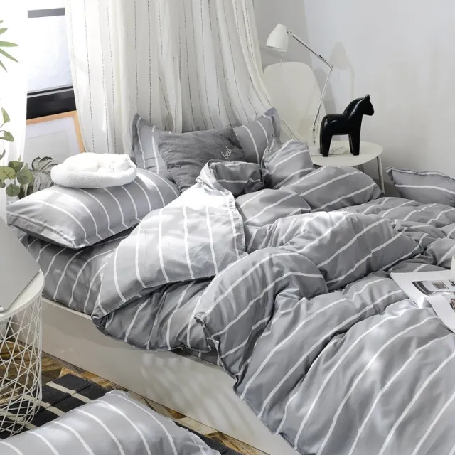 Simple Skin friendly Cotton Four piece Set Four piece Washing Sanding Skin Kit Gray Stripe - Shop at LoveMi