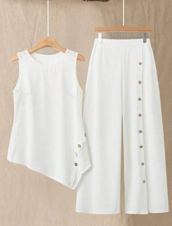 Simple Casual Daily Wear Sleeveless Top And Long Pants Set White - Shop at LoveMi