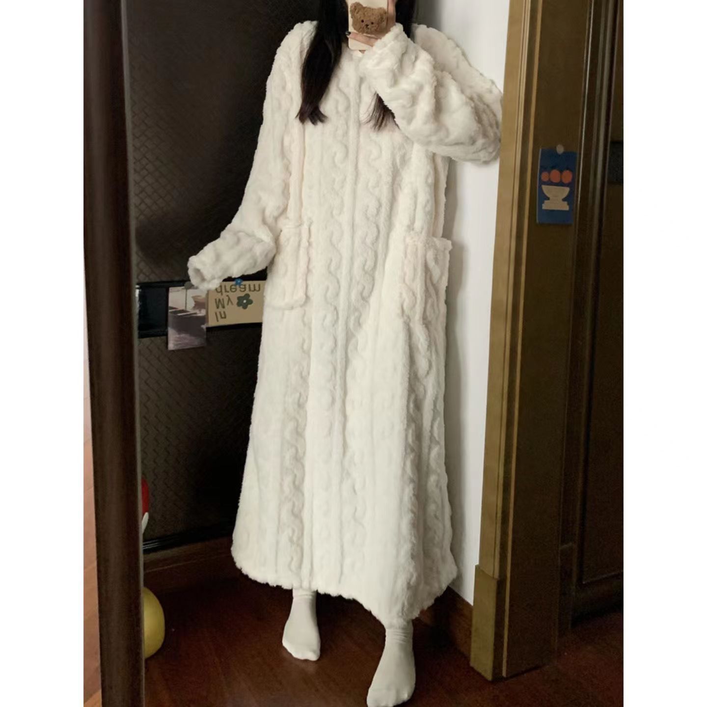Winter Koralle Fleece Nachtwäsche Damen Nachthemd Lang Nachtkleid Pyjama mit Po - Bild 11 von 11