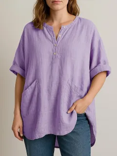 Women's Casual Cropped Sleeve V-neck Solid Color Cotton And Linen Shirt - Purple - View 1
