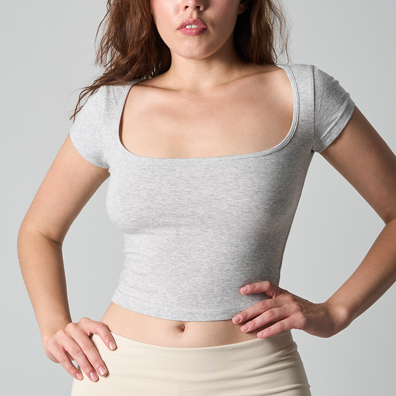 Square-neck Solid-color Cinched-waist Slim-fit Minimalist All-cotton Top