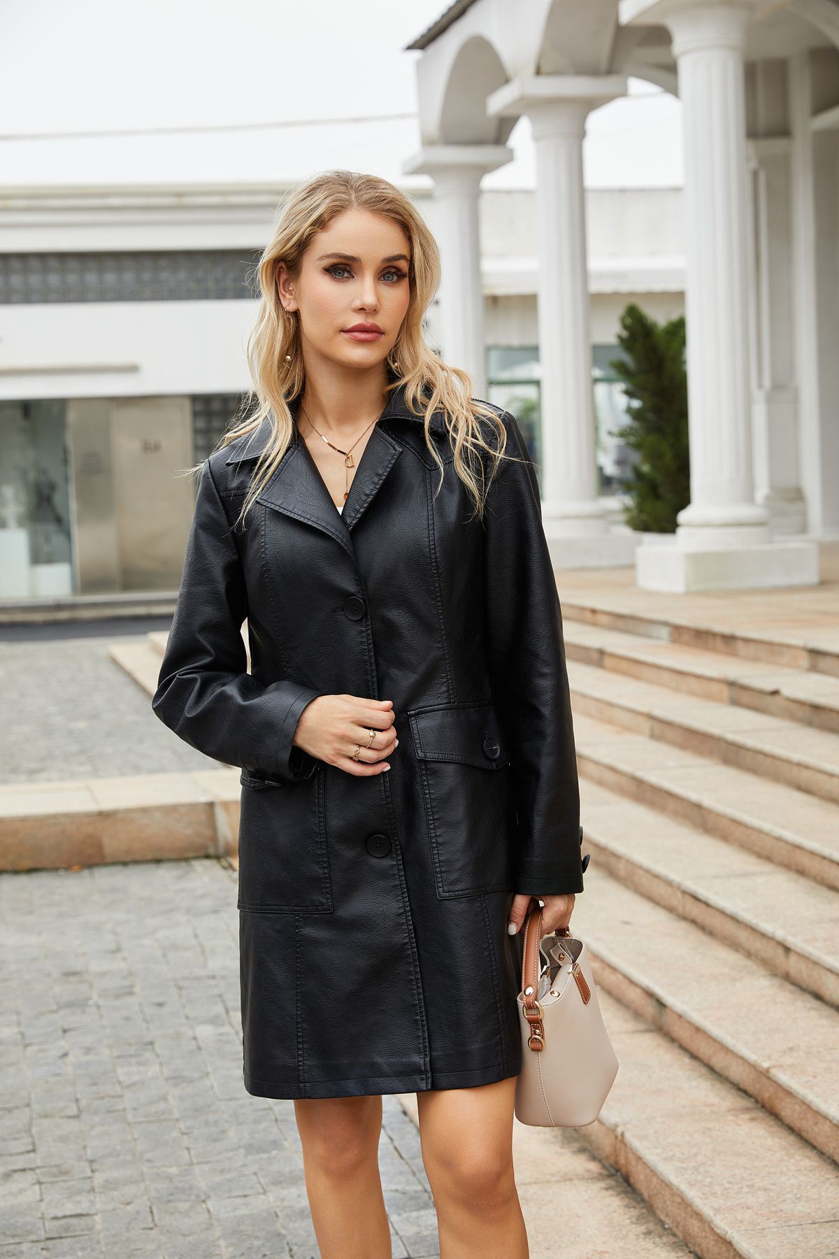Women’s Long Leather Trench Coat – Fashion Outerwear