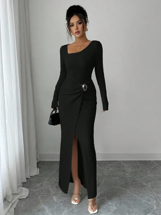 Autumn And Winter Irregular Neckline Solid Color Knitted Texture Long Dress For Women Black - Shop at LoveMi