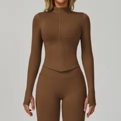 Stand Collar Long-sleeve Zipper Yoga Coat Female Quick-drying Exercise Top - Dark Coffee Colour - View 1