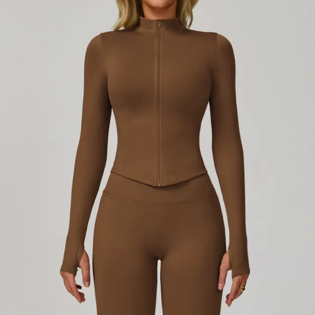 Stand Collar Long sleeve Zipper Yoga Coat Female Quick drying Exercise Top Dark Coffee Color - Shop at LoveMi