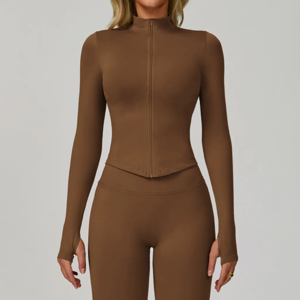 Stand Collar Long-sleeve Zipper Yoga Coat Female Quick-drying Exercise Top - Dark Coffee Colour