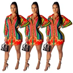 Colour Striped Long Sleeve Shirt Dress - Red - View 1