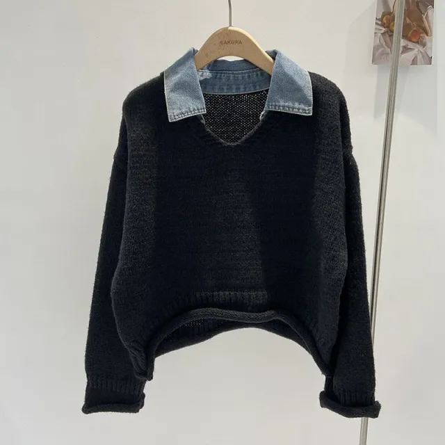 Stitching Denim High grade Fake Two piece Knitted Top Black - Shop at LoveMi