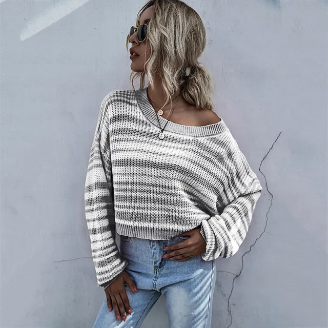 Base Knitwear Short Striped Sweater Women Gray - Shop at LoveMi