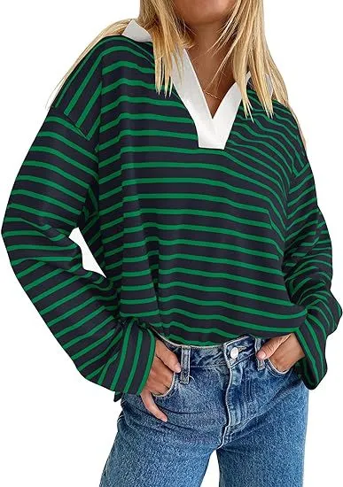 Casual Long Sleeve Color Matching Neckline Embroidered Pullover Sweatshirt Green - Shop at LoveMi