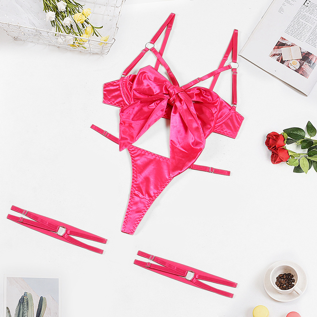 Summer Women's Clothing Bow Suspenders Underwear Three piece Set Rose Red - Shop at LoveMi