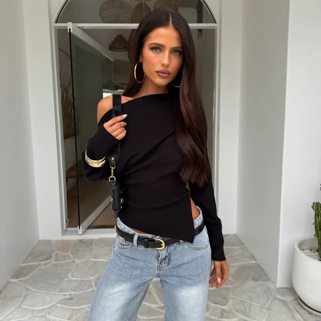 Off shoulder Pullover German Velvet Bottoming Shirt Elegant Top Black - Shop at LoveMi