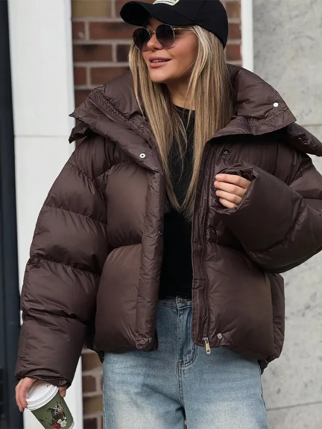 Solid Color Hooded Long Sleeve Cotton Coat For Women Brown - Shop at LoveMi