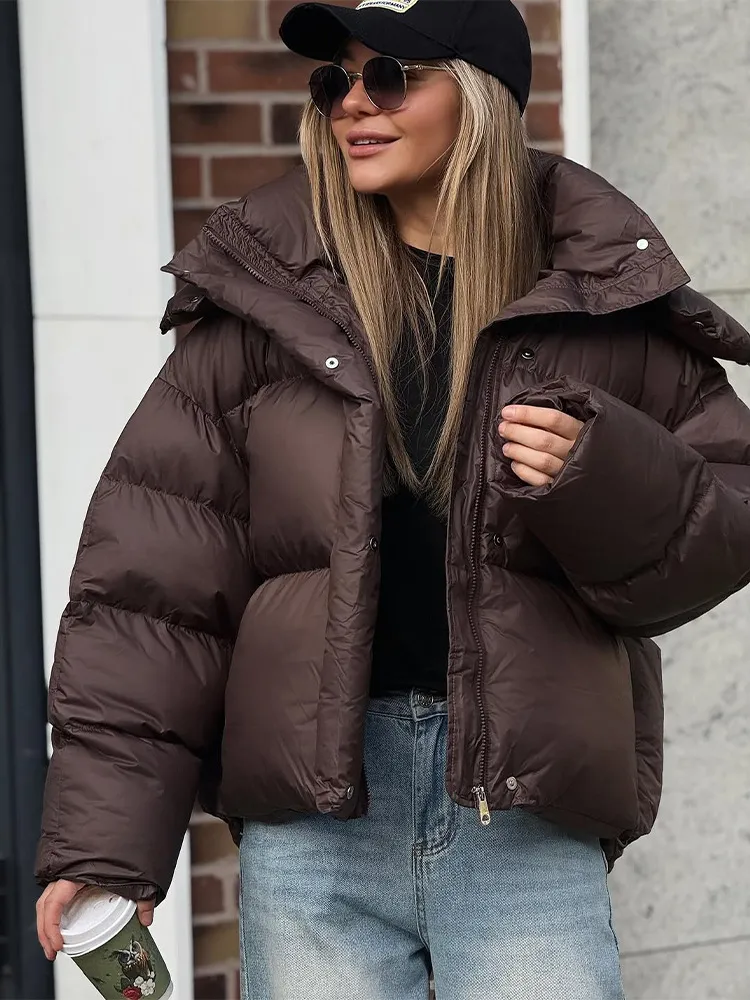 Solid Color Hooded Long Sleeve Cotton Coat For Women - Brown