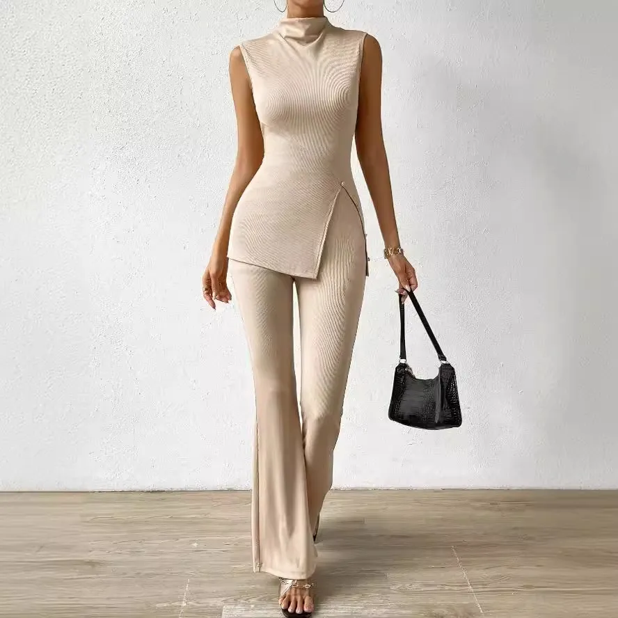 Stand Collar Slits Lower Hem Vest And Wide Leg Pants - Tan