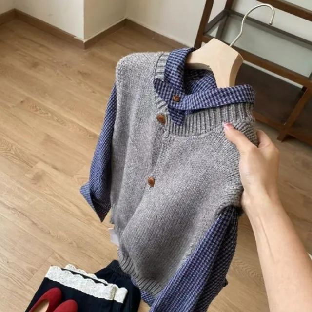 Blue Plaid Shirt Knitted Vest Two piece Casual Gray Blue - Shop at LoveMi