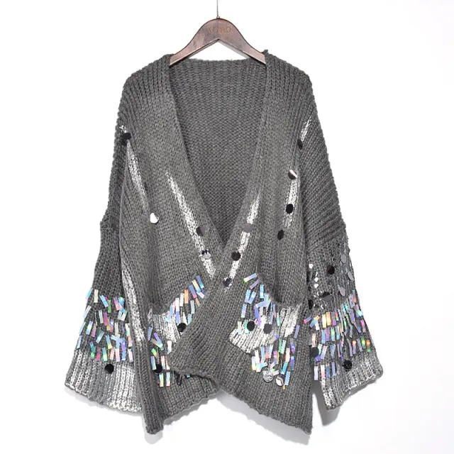 Casual Patchwork Sequined Sweater For Women Gray - Shop at LoveMi