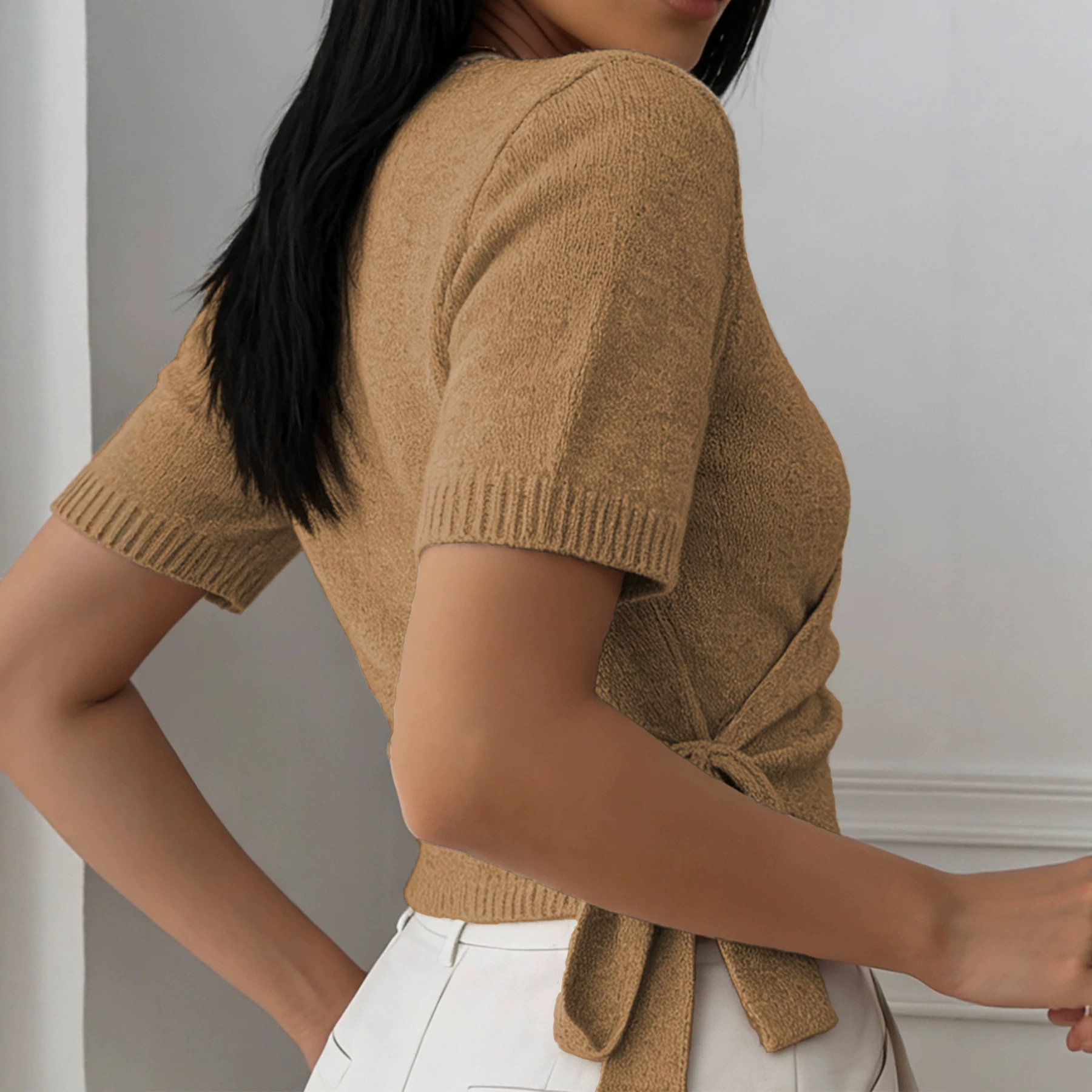 V-Neck Knitted Top with Tie Detail