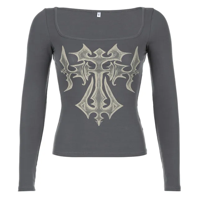 American Retro Printed Square cut Collar Slim fit Long Sleeve Gray - Shop at LoveMi
