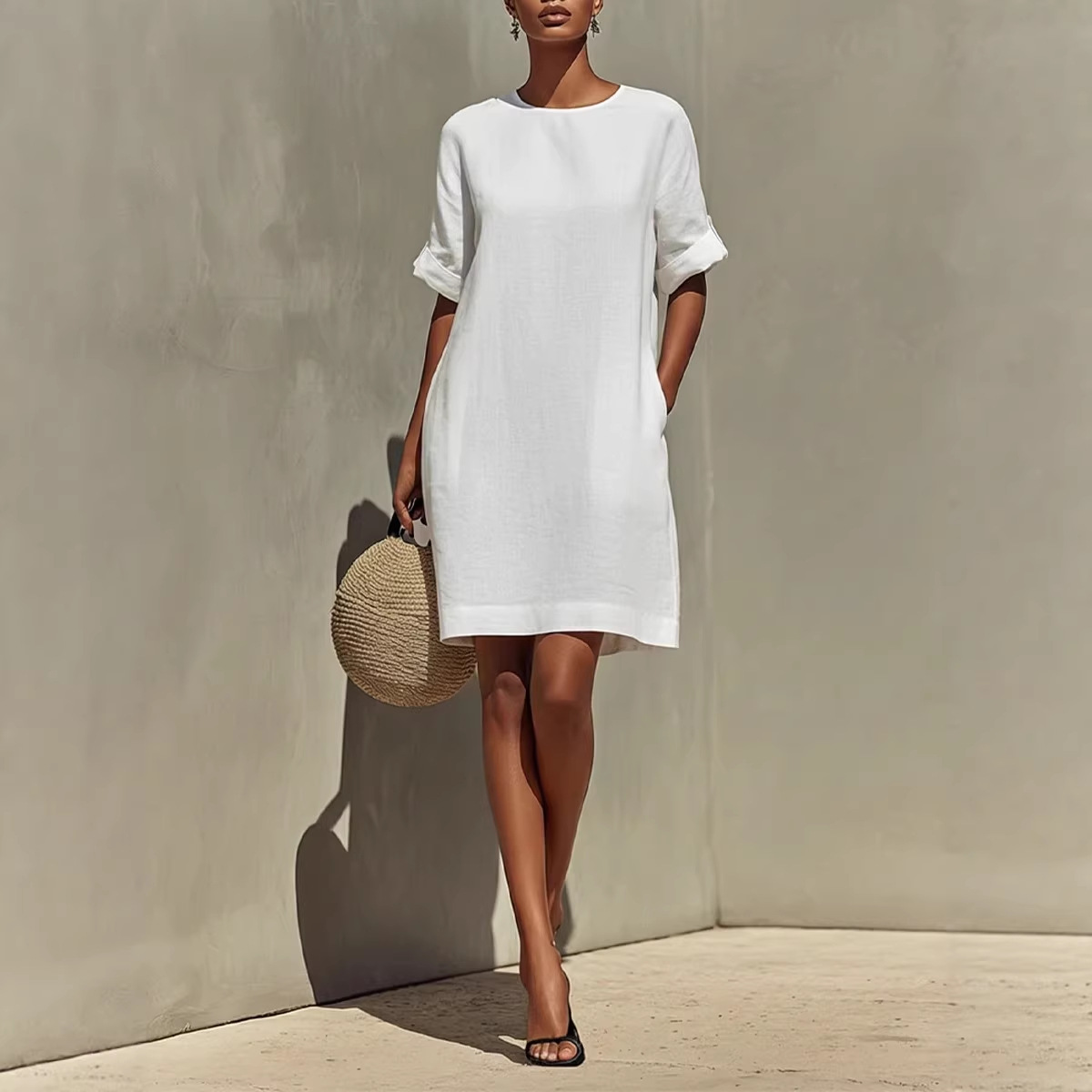 Round-neck Dress With Rolled-up Cuffs