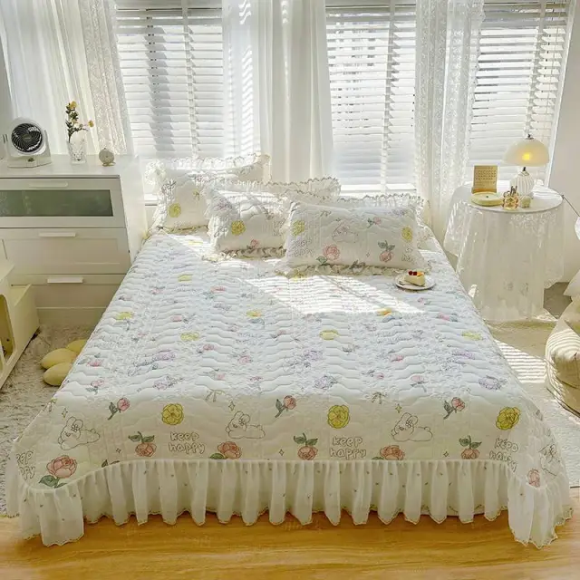Cotton Lace Embroidery Quilted Bed Cover Series Three piece Set Fun Garden - Shop at LoveMi
