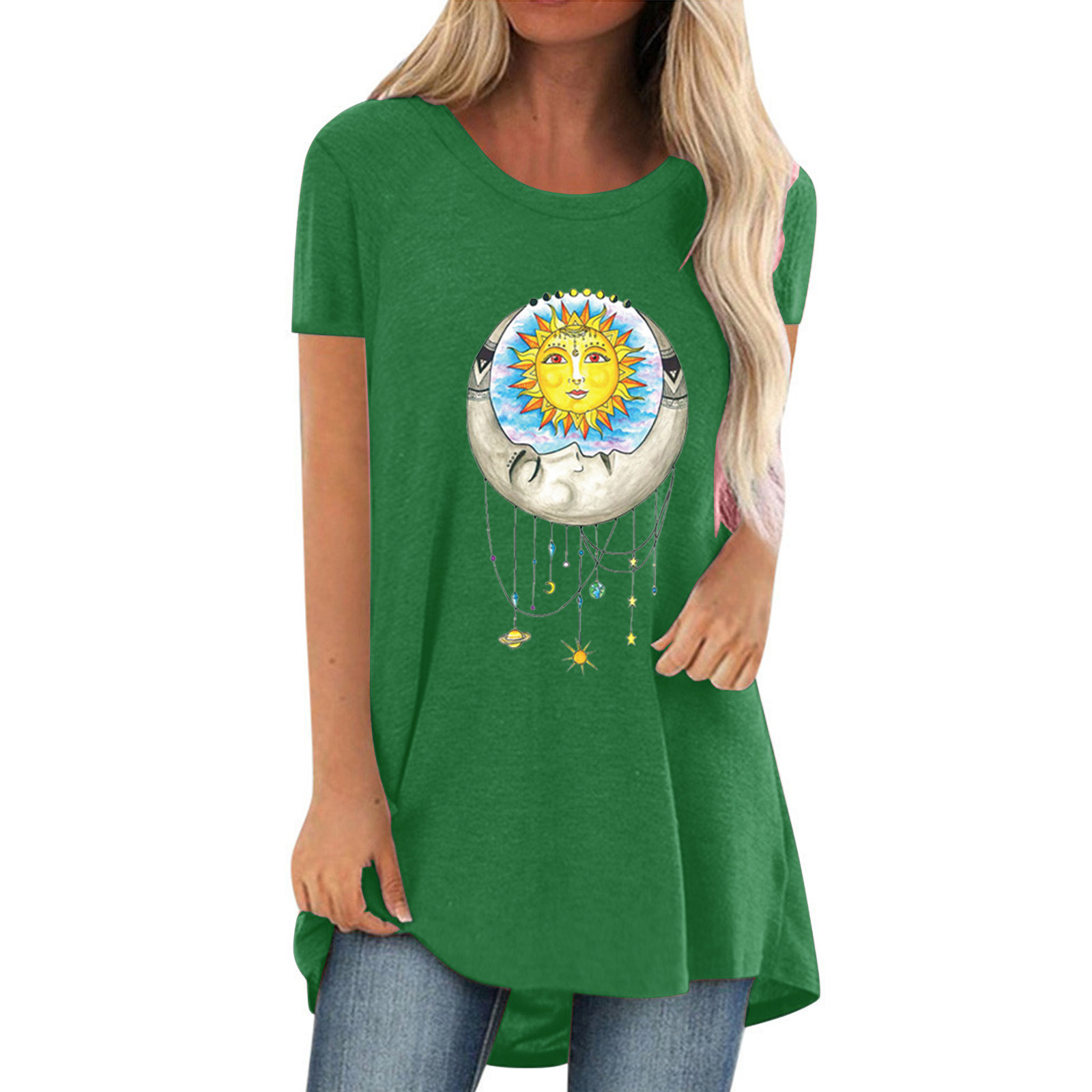 Women's Fashion Simple Sun Face Print Round Neck Short Sleeve T-Shirt