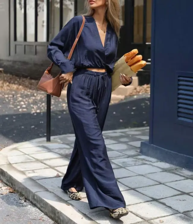 Fashion Women's Wear Long Sleeve V neck Top Suit Dark Blue - Shop at LoveMi