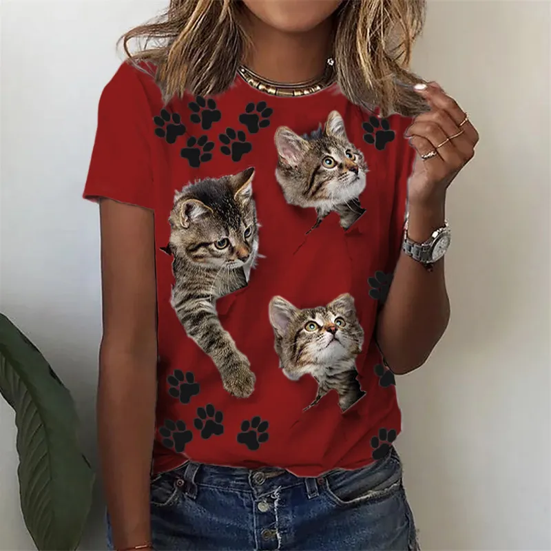 Animal Print Short Sleeve Round Neck T-shirt - Red
