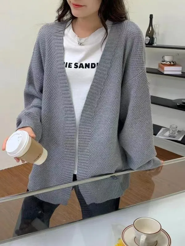 French Retro Mid length Coat Loose Commute Style Women's Knitted Cardigan Gray - Shop at LoveMi