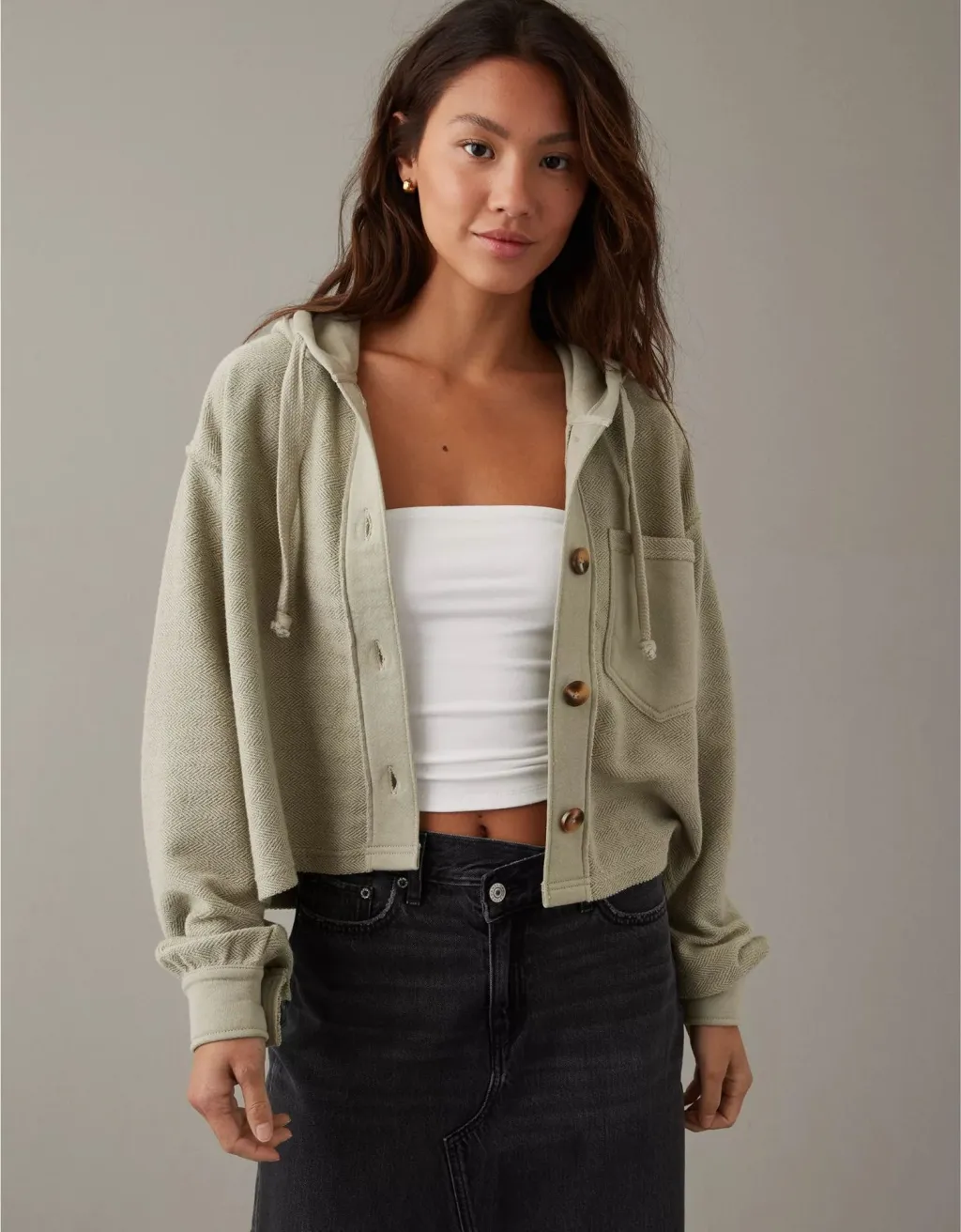 Short Loose Hooded Pullover Sweater - Matcha-S