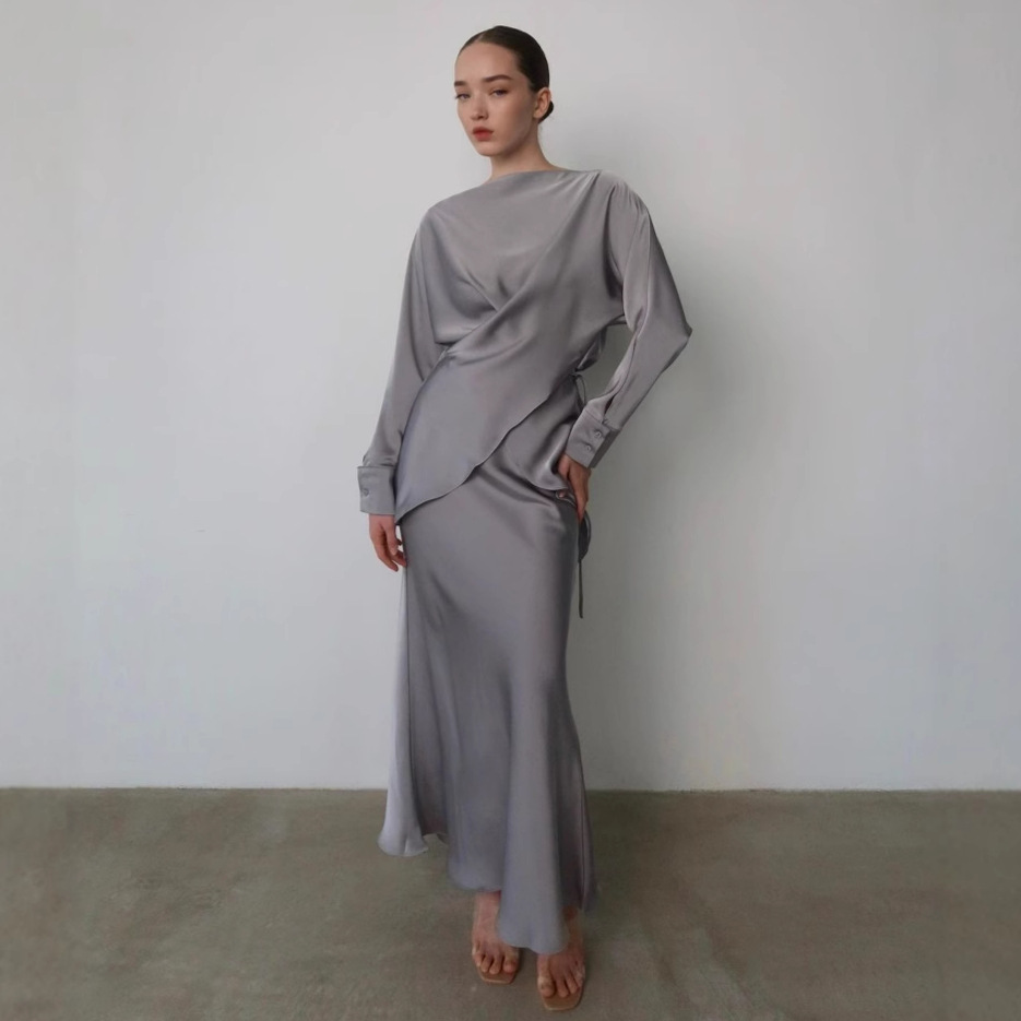 New Product Set Women's Long-sleeved Lace-up Top And Skirt Two-piece Set